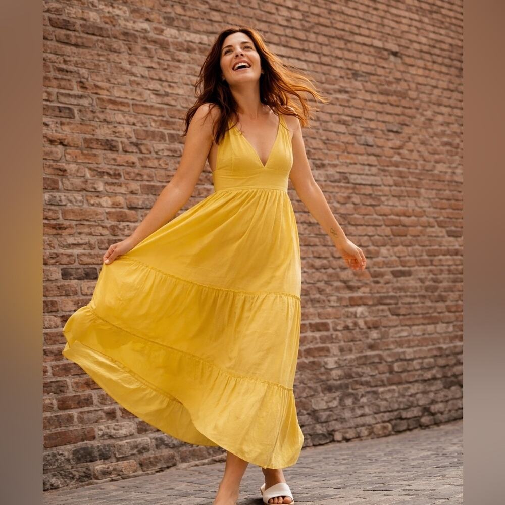 Boho Mustard Maxi Dress Summer Organic Cotton Tiered Open Back Adjustable S-L